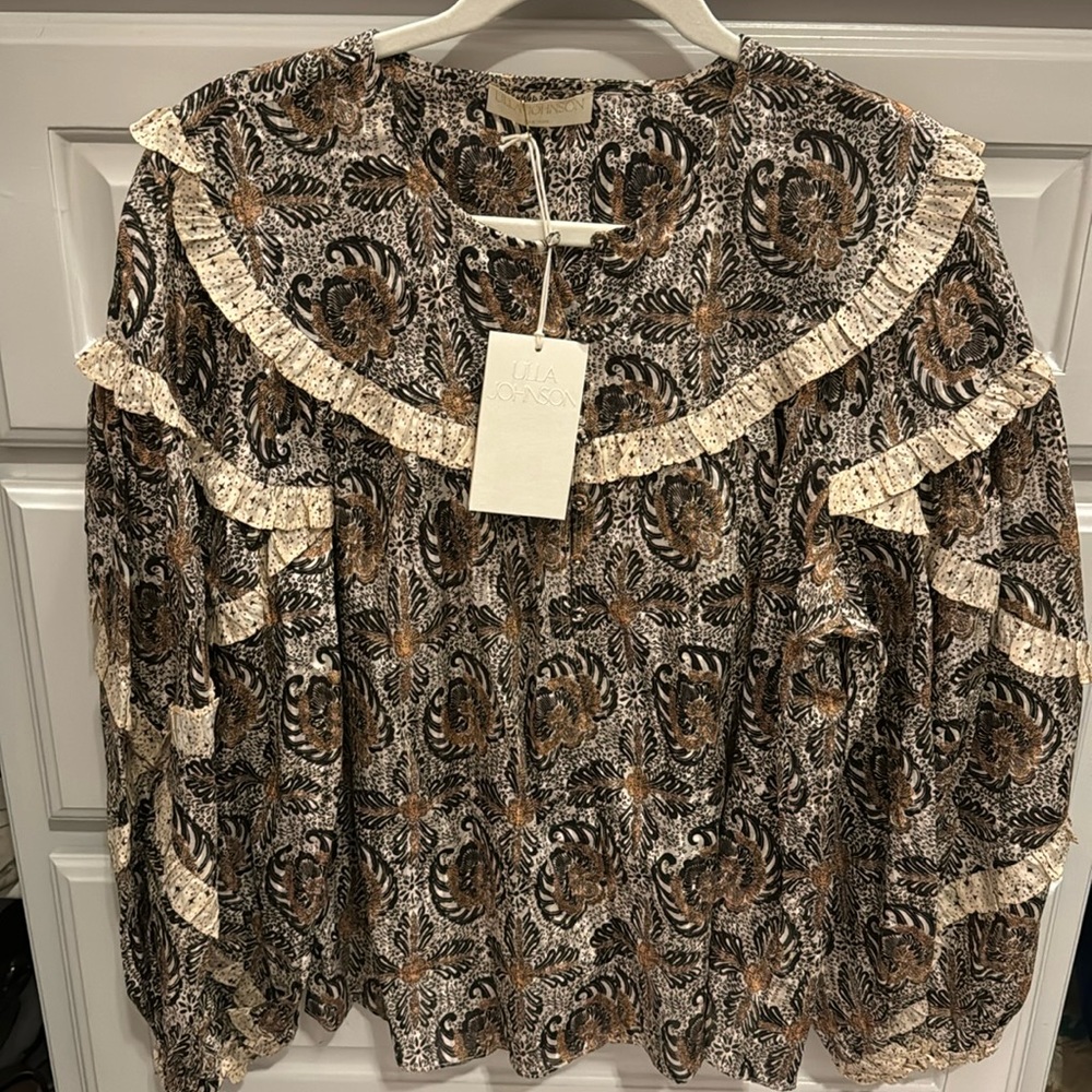 Ulla Johnson Floral Paisley Ruffle Blouse in Black, Brown & Cream